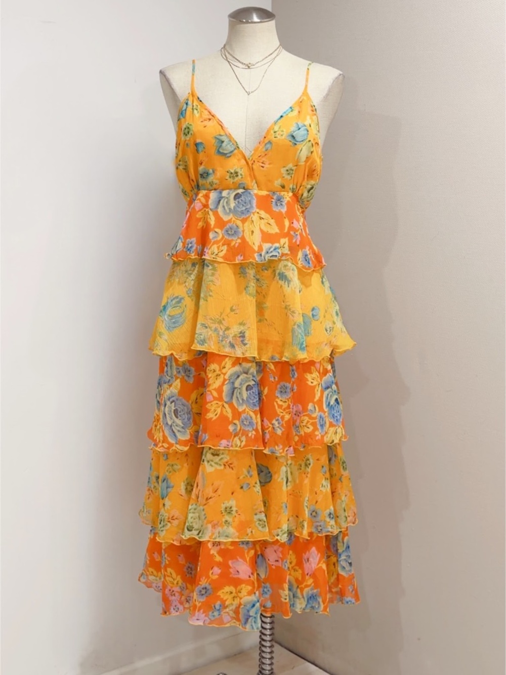 Phool Vintage 90's Golden Yellow Floral Print Tiered Midi Dress Size S/M